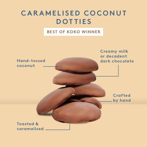 Koko Black Caramelised Coconut Dotties Milk Chocolate | 100g - iPantry UAE
