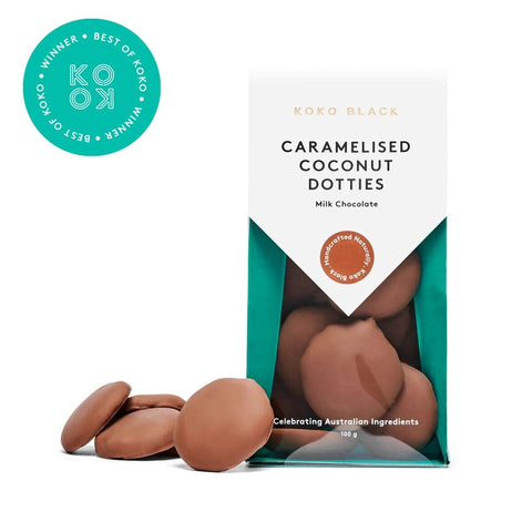 Koko Black Caramelised Coconut Dotties Milk Chocolate | 100g - iPantry UAE